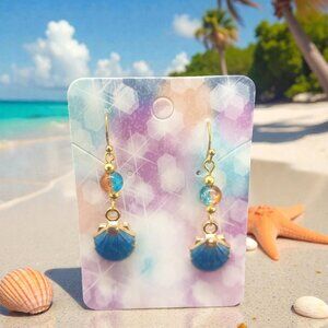 Blue Scallop Shell with Matching Glass Bead Dangle Earrings Hand crafted.